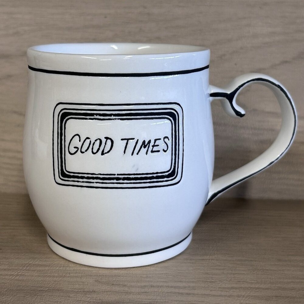 Molly Hatch Anthropologie Off White Black "Good Times" Mug  EUC